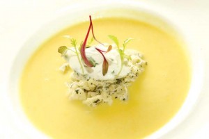 Organic Sweet Corn Veloute (crab spaetzles, chive Chantilly cream).